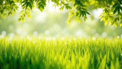 Fresh green grass and leaves with sunlight creating a peaceful, idyllic natural backdrop perfect for spring or summer themes
