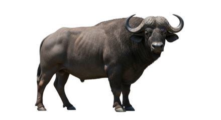 Majestic cape buffalo with prominent curved horns in a studio setting against a stark white backdrop, conveying a sense of wild power