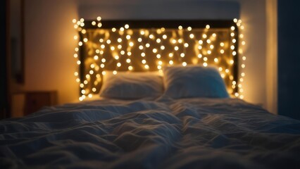 Cozy Bedroom Ambiance with Warm String Lights and Soft Pillows