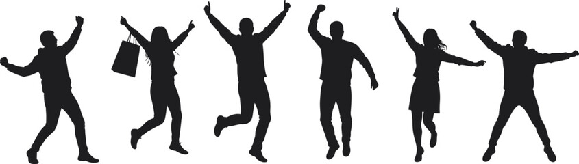 Silhouette of Happy People Jumping and Celebrating Together – Vector Illustration Representing Joy, Freedom, Excitement, and Positive Emotions Concept