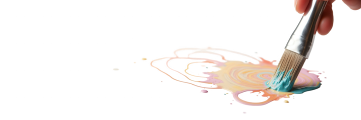 A paintbrush delicately applies vibrant pastel colors in swirling patterns on a dark surface, creating an abstract design.