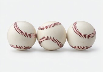 Three baseballs, slightly overlapping, sit in a horizontal row against a plain white background.  The balls are a light beige color, and the stitching is a deep red