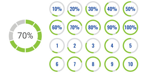 Infographic circle with percentage 0 to 100 loading progress interface in blue color vector design. 5 10 15 20 25 30 35 40 45 50 55 60 65 70 75 80 85 90 95 percent loading circle collection.