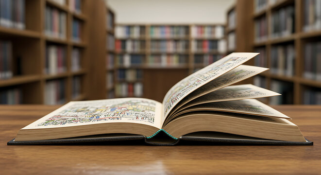 Interior of a book library with rows of bookshelves, stacked books, and reading area, education and knowledge concept background.