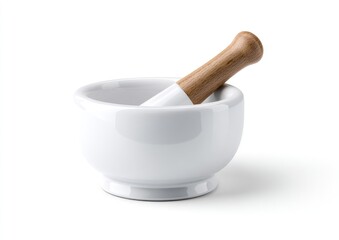 White ceramic mortar and pestle, isolated on white background.  Wooden handle.  Simple, clean design