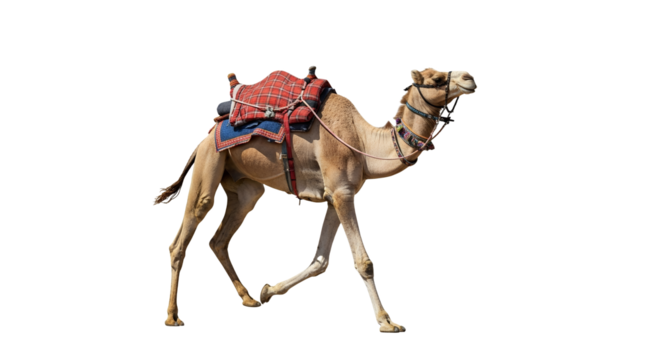 Dromedary with adorned saddle trotting across the isolated plains showcasing desert adaptation and cultural importance conveying a sense of