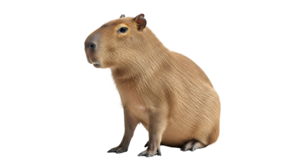 Isolated capybara portrait showcasing its unique features and peaceful disposition highlighting the world's largest rodent on a clean white background