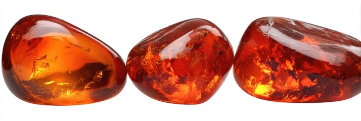 Three polished, translucent, reddish-orange stones