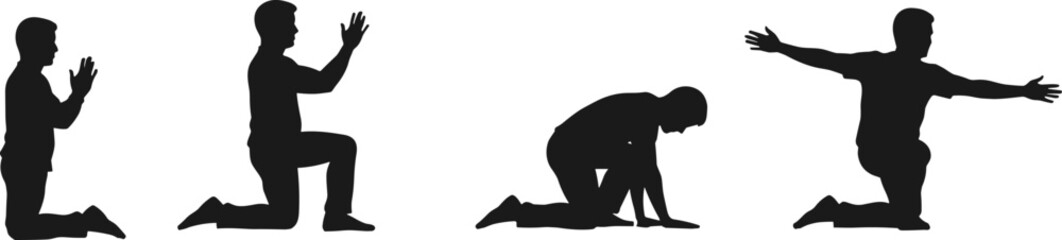 Silhouette of Man in Different Kneeling Poses Expressing Prayer, Meditation, Reflection, and Freedom in Spiritual and Emotional Vector Illustration