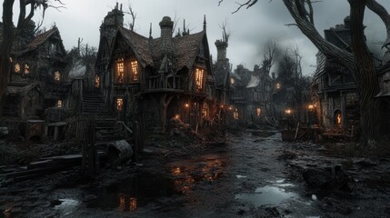 Obraz premium Eerie medieval town at dusk with glowing windows