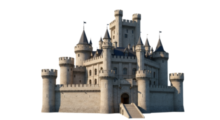 Majestic Medieval Stone Castle Fortress with Towers and Battlements against White Background Depicting Architectural Heritage