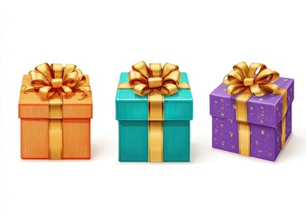 Obraz premium Three gift boxes, various colors, gold ribbon