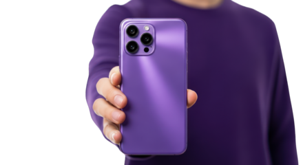 Person holding a purple smartphone with three cameras