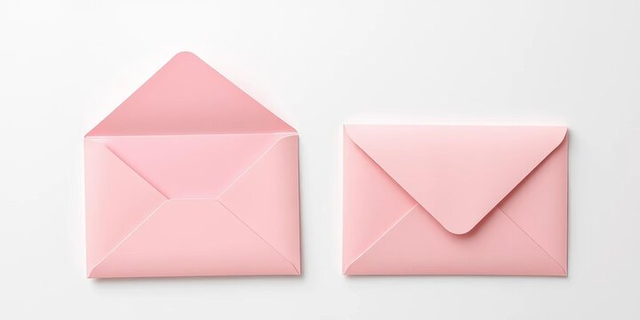 Two pastel pink envelopes, one open, one closed, on white,  correspondence,  card