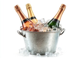 Three champagne bottles chilled in a metal bucket filled with ice