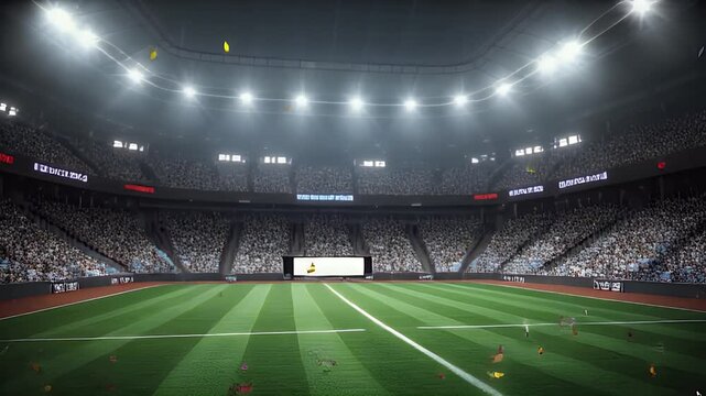 Wide view of a brightly lit sports stadium with a green field, filled with spectators in the stands, under a dark sky.