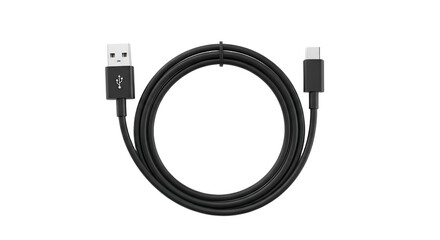 Black USB-C to USB-A Cable in a Circular Shape on a White Background Represents Technology and Connectivity