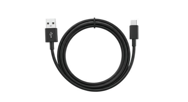 Black USB-C to USB-A Cable in a Circular Shape on a White Background Represents Technology and Connectivity