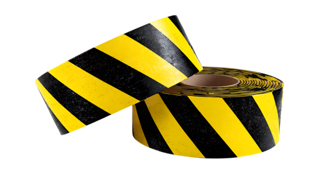 Roll of yellow and black striped hazard tape isolated on transparent background.