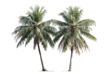 Obraz premium Two coconut palms against a white background. Full view of lush green fronds and sturdy trunks. Isolated, tropical, vibrant