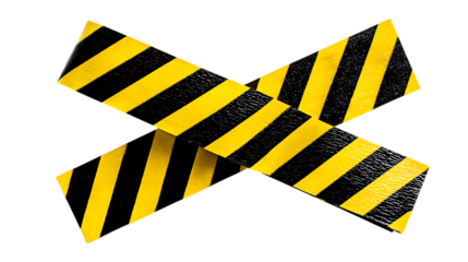 Yellow and black striped caution tape forming an x isolated on transparent background.