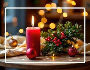 Festive Christmas Table Scene with Decorations and Bokeh Lights