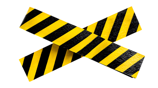 Yellow and black striped caution tape forming an x isolated on transparent background.