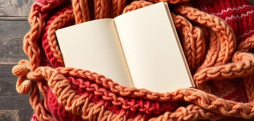 Cozy cream blank book nestled on a chunky knit throw, ready for festive design,  comfortable,  background