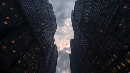 Dramatic perspective of modern skyscrapers towering into cloudy evening sky with glowing sunset light reflections on glass facades, symbolizing urban growth, business power, and futuristic city skylin