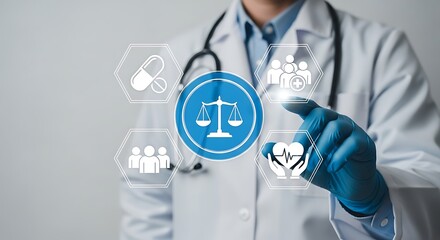 Doctor using futuristic medical interface with legal justice health system representation and advanced technology for patients