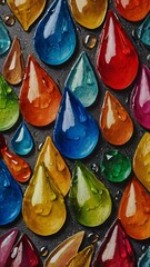 Vibrant Multicolor Water Droplets on Dark Surface in Abstract Macro Style