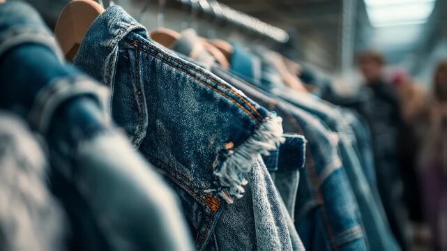 Focused closeup of ecofriendly patchwork denim jeans hanging on a rack with softly blurred shoppers in the background at a sustainable fashion market.
