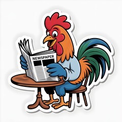 Cartoon Rooster Sitting at Table Reading Newspaper in Funny Morning Scene