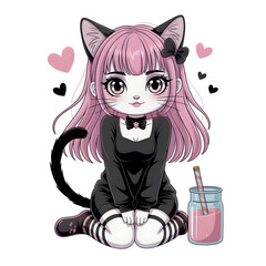 Cute Anime Cat Girl with Pink Hair, Bow, and Hearts in Kawaii Style