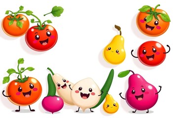 Nine cheerful cartoon vegetables (tomatoes, zucchini, turnips, pears) playfully posed on white,  design,  healthy