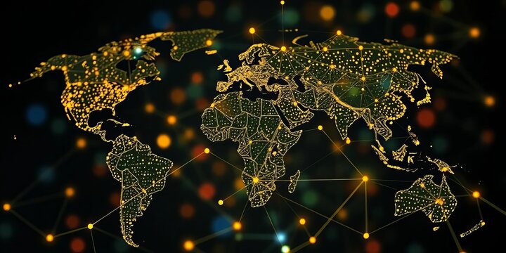 Abstract global network structure with data exchange points and connections, digital marketing, information technology