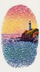 Creative Lighthouse Scene Over Ocean Inside Bold Gradient Fingerprint Design