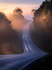 Winding Country Road Through Foggy Forest at Peaceful Sunrise Moment