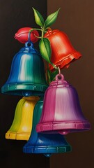 Vibrant Multicolored Bell-Shaped Ornaments Hanging from Leafy Plant Stem