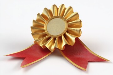 Gold rosette award with crimson ribbon.  A golden, ruffled rosette sits atop a pair of crimson ribbons.  The rosette's center is a light gold.  The image is studio shot, isolated on white