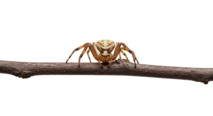 Camouflaged crab spider resting attentively on a brown twig against a clean white background, close up details and precise focus