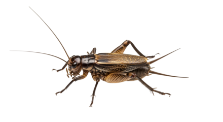 Close-up studio shot capturing the intricate details of a small, poised cricket against a stark white backdrop showcasing its unique morphology