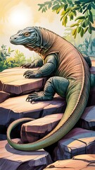 Majestic Lizard Basking in the Sunlight on Rocky Terrain During a Tranquil Morning in a Lush Tropical Environment