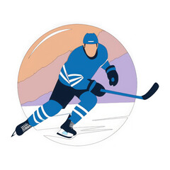 Obraz premium Dynamic hockey player in motion blue and purple hues skating with mountain scenery