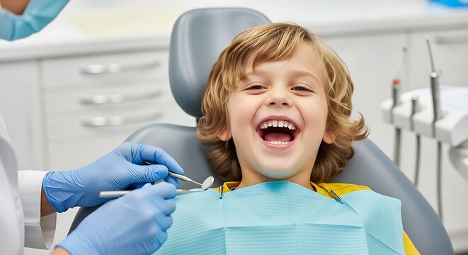 Excited Young Boy at the Dentist with a Bright Smile and Professional Care in a Modern Dental Clinic Environment