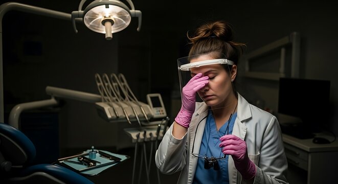 Exhausted Dentist Feeling Overwhelmed Wearing Protective Gear in Dental Clinic After Long Day of Work