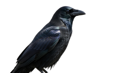 Detailed close up of a raven featuring intricate plumage and sharp, focused gaze isolated against a pure white backdrop