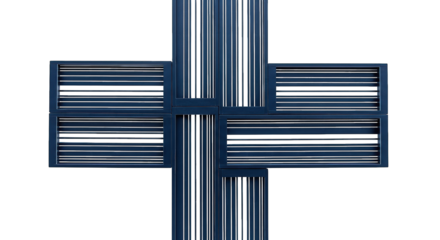 Dark, textured blue cross shape made of horizontal bars, centered on black background