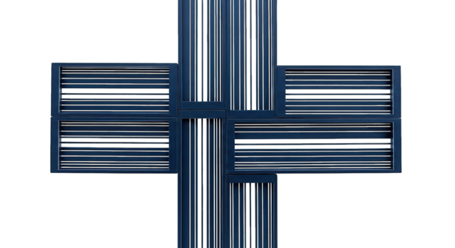 Dark, textured blue cross shape made of horizontal bars, centered on black background