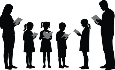 Silhouette Vector of Parents and Children Reading Books Together, Promoting Education, Literacy, Family Bonding, and Learning in Group Setting